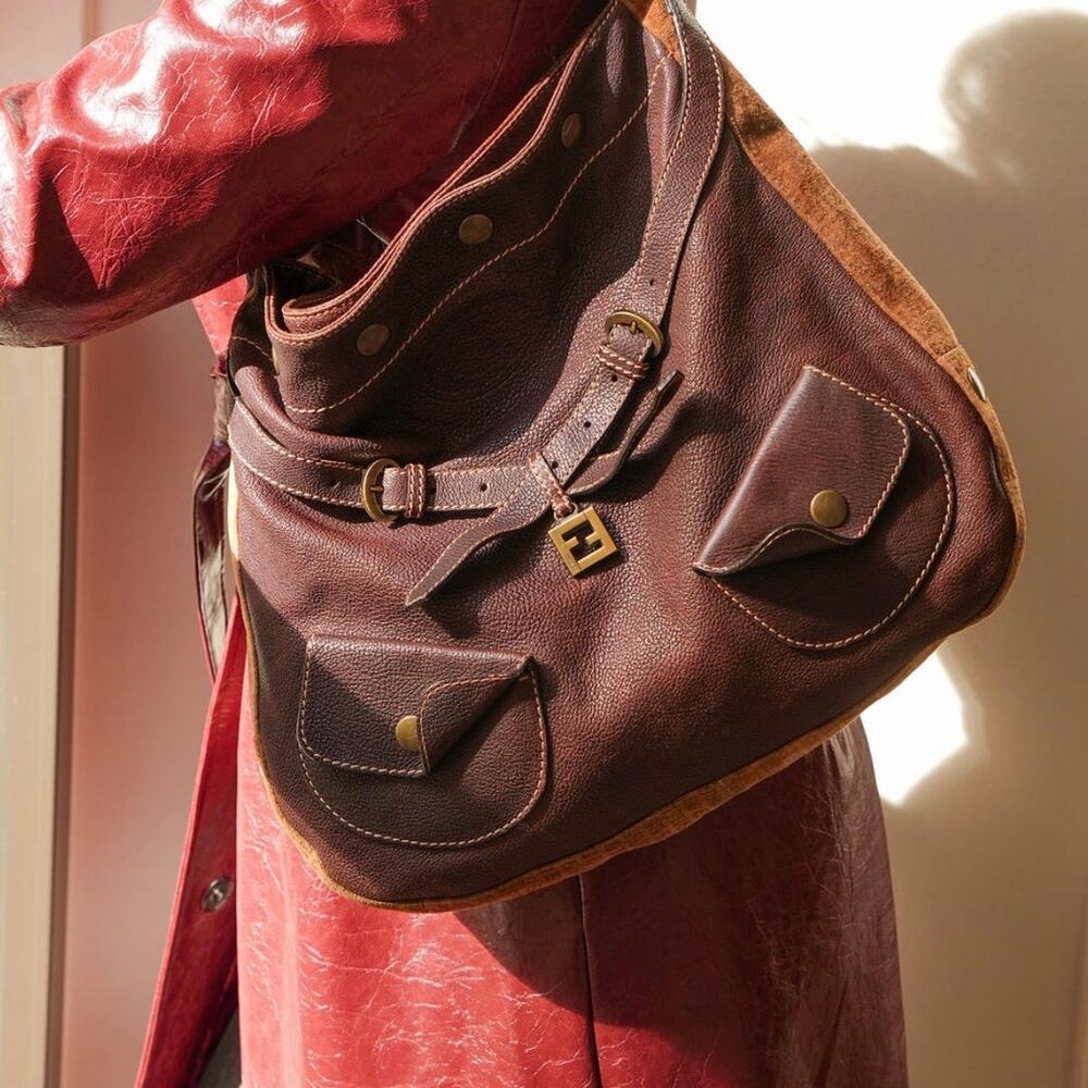 Fendi Vintage Zucchino FF Brown Leather and Suede Hobo